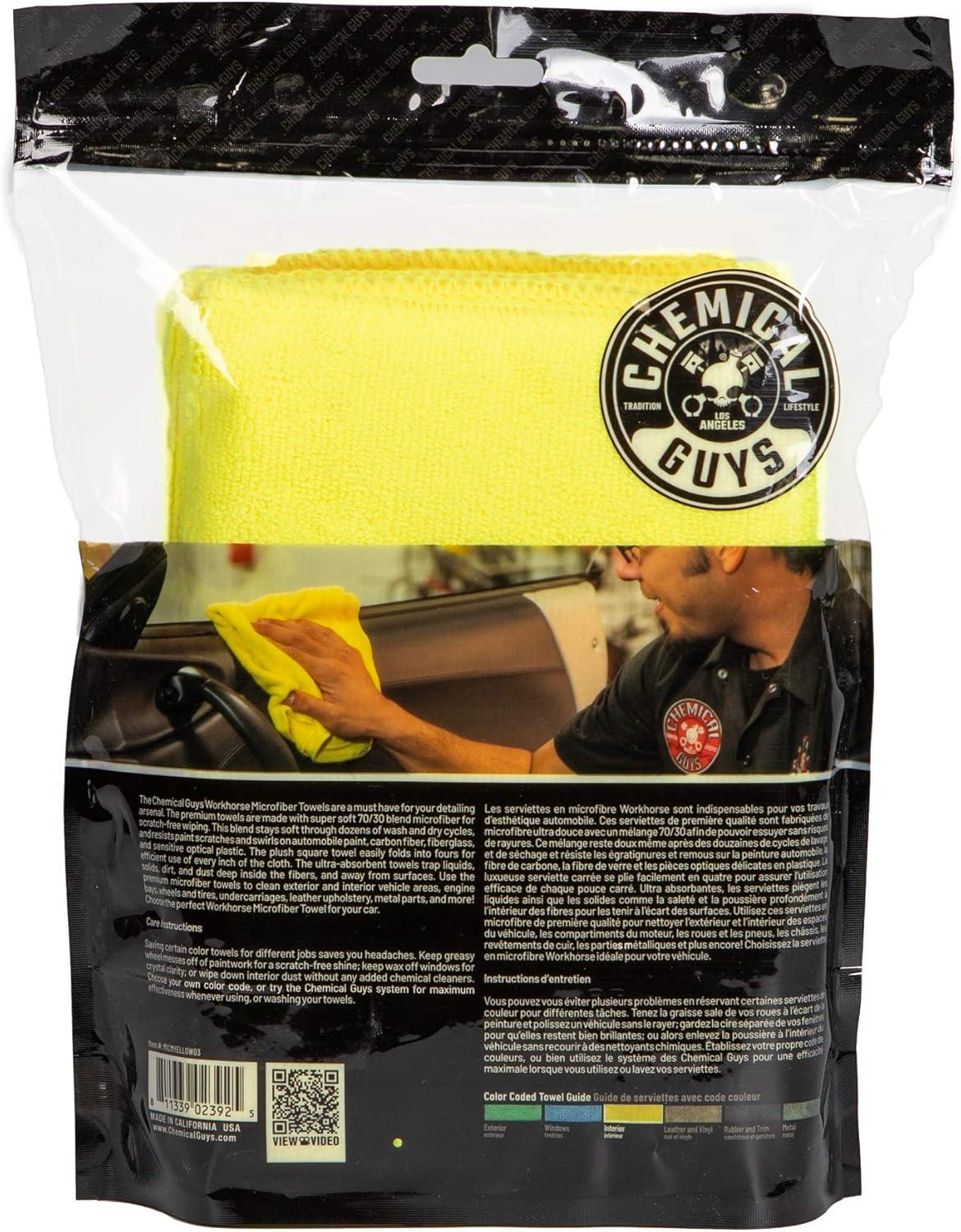 imageChemical Guys MIC35203 Workhorse Professional Grade Microfiber Towel Gray Safe for Car Wash Home Cleaning ampamp Pet Drying Cloths 16quot x 16quot Pack of 3Yellow
