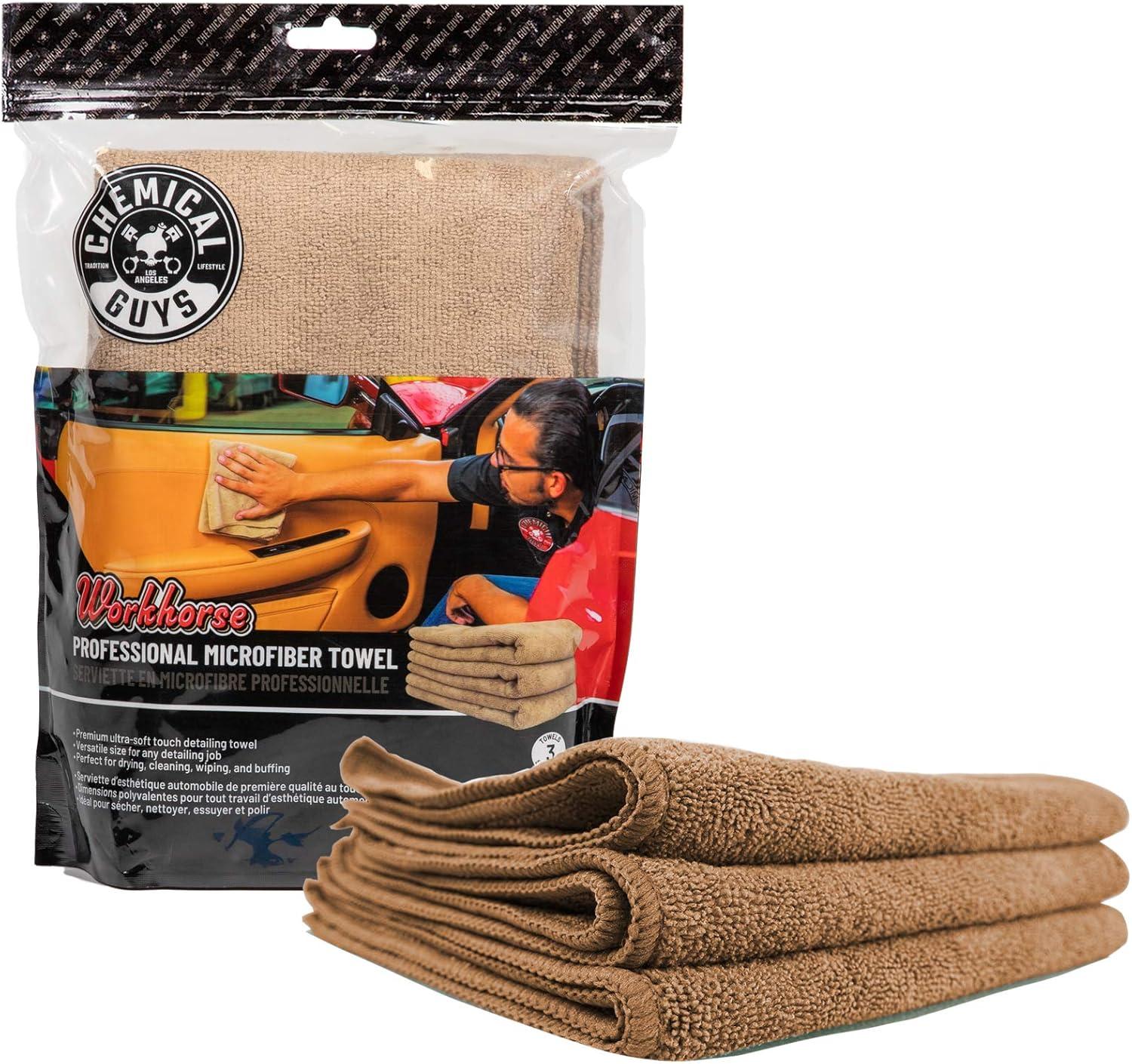 imageChemical Guys MIC35203 Workhorse Professional Grade Microfiber Towel Gray Safe for Car Wash Home Cleaning ampamp Pet Drying Cloths 16quot x 16quot Pack of 3Tan