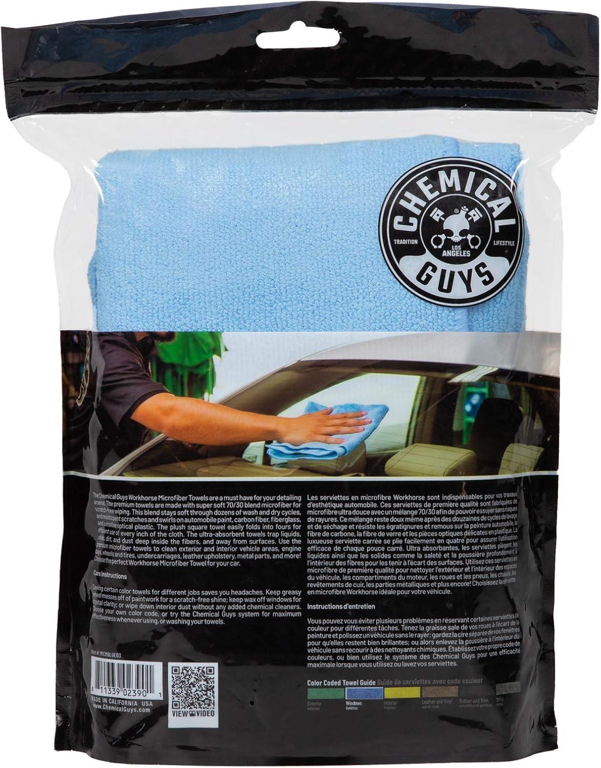 imageChemical Guys MIC35203 Workhorse Professional Grade Microfiber Towel Gray Safe for Car Wash Home Cleaning ampamp Pet Drying Cloths 16quot x 16quot Pack of 3Blue