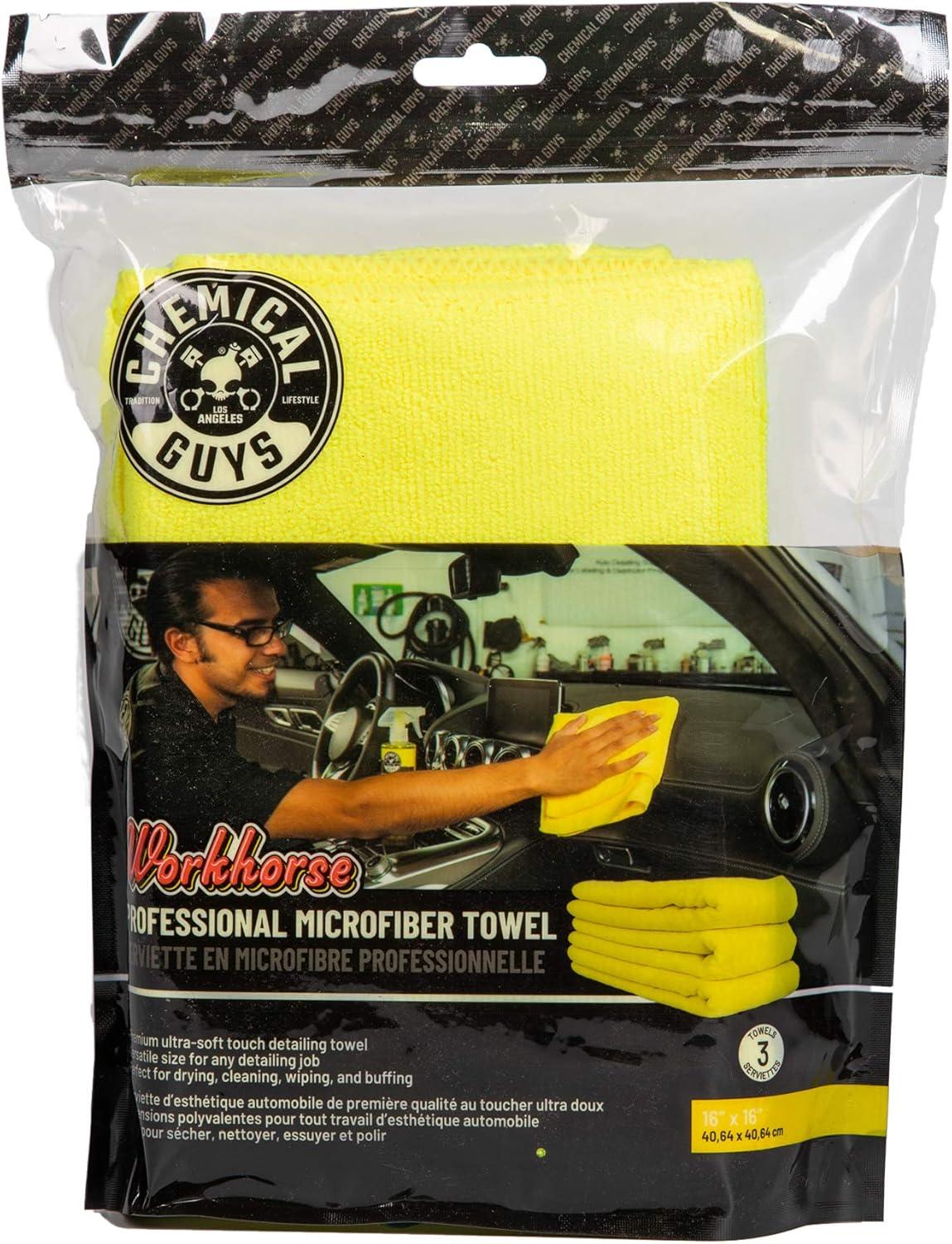 imageChemical Guys MIC35203 Workhorse Professional Grade Microfiber Towel Gray Safe for Car Wash Home Cleaning ampamp Pet Drying Cloths 16quot x 16quot Pack of 3Yellow