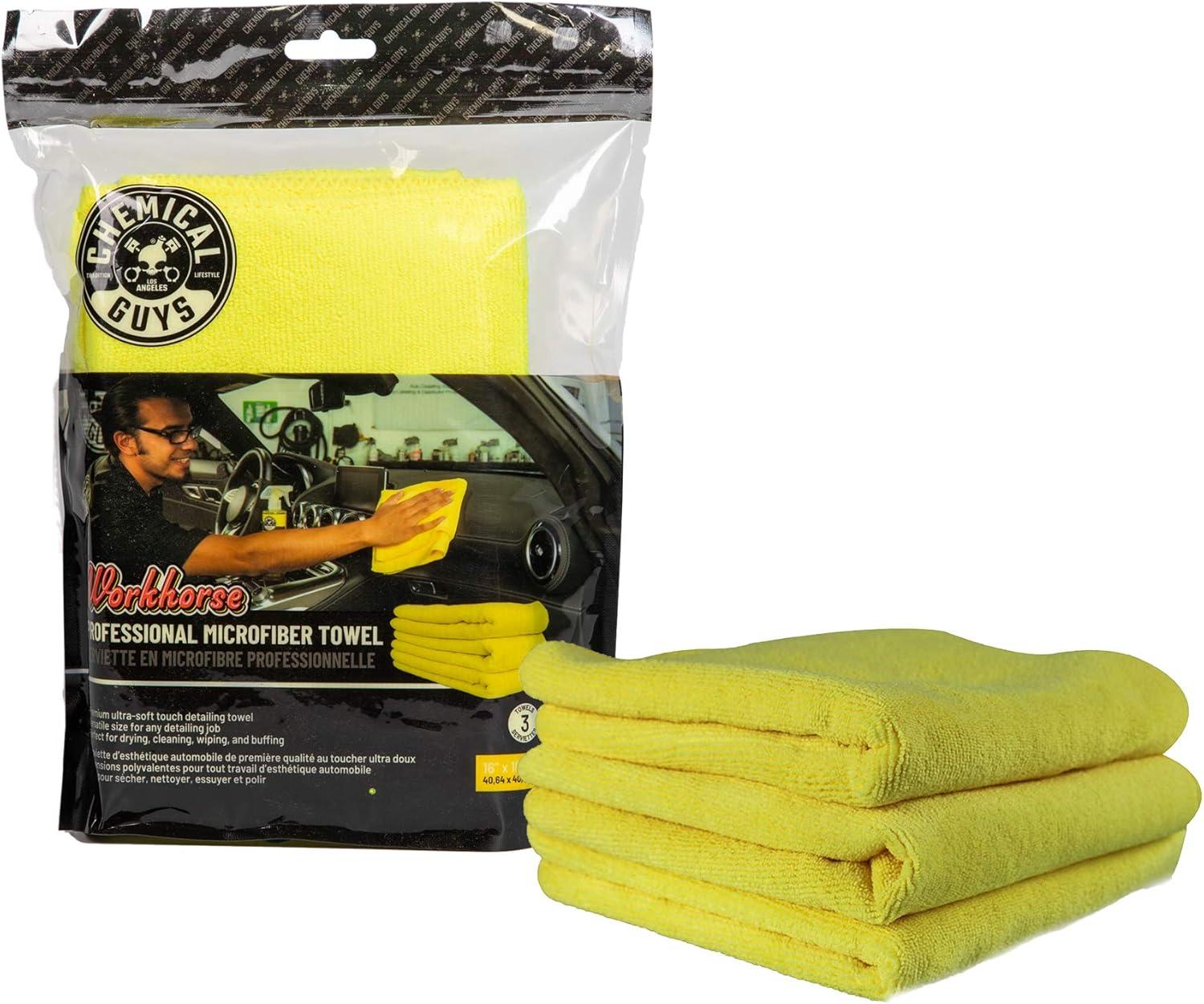 imageChemical Guys MIC35203 Workhorse Professional Grade Microfiber Towel Gray Safe for Car Wash Home Cleaning ampamp Pet Drying Cloths 16quot x 16quot Pack of 3Yellow