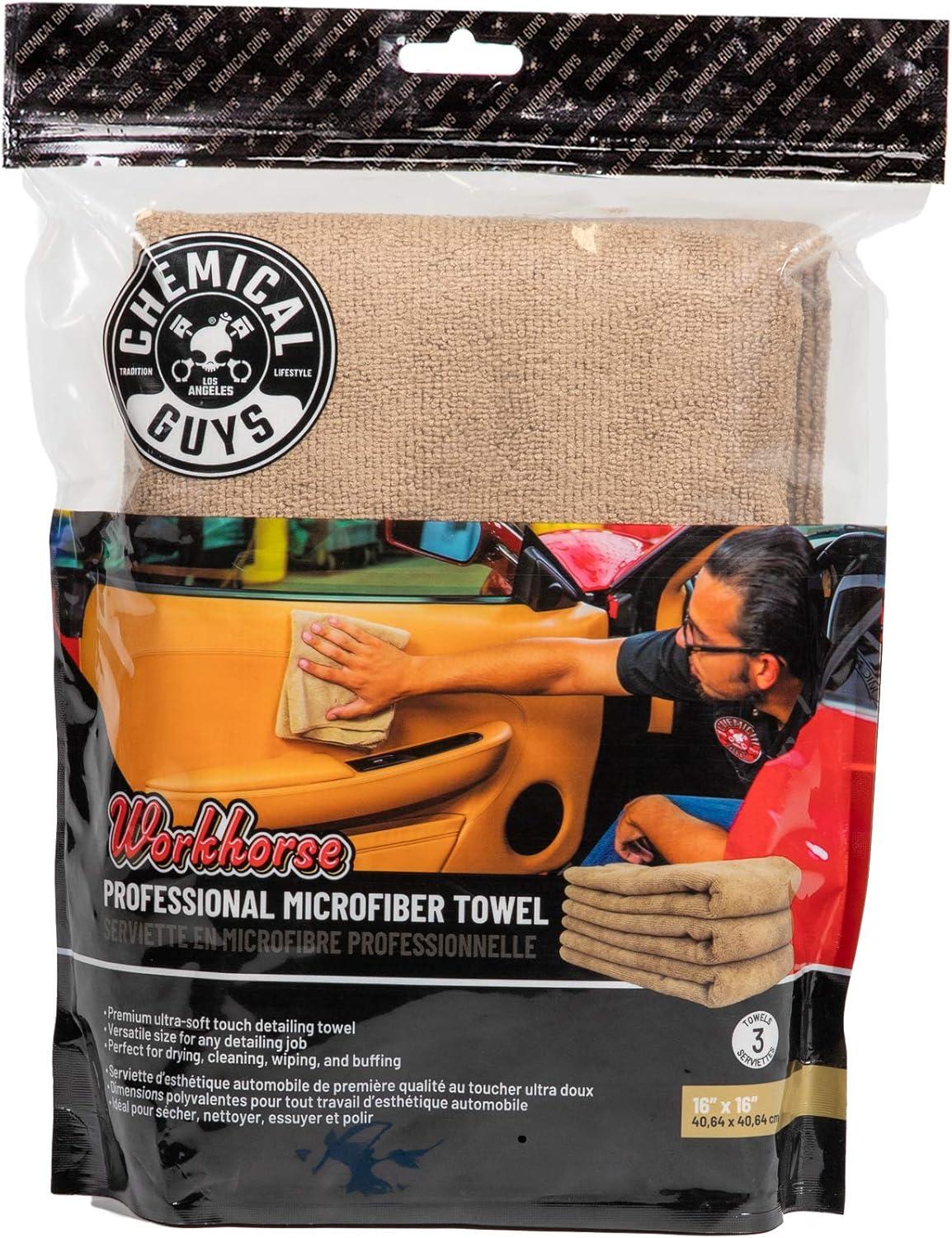 imageChemical Guys MIC35203 Workhorse Professional Grade Microfiber Towel Gray Safe for Car Wash Home Cleaning ampamp Pet Drying Cloths 16quot x 16quot Pack of 3Tan
