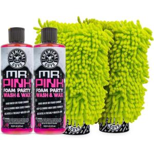 imageChemical Guys CWS2211602 Mr Pink Foam Party Wash ampamp Wax 216 fl oz Tangerine Scent  Chenille Premium ScratchFree Microfiber Wash Mitt Lime Green 2 Pack 3 Items